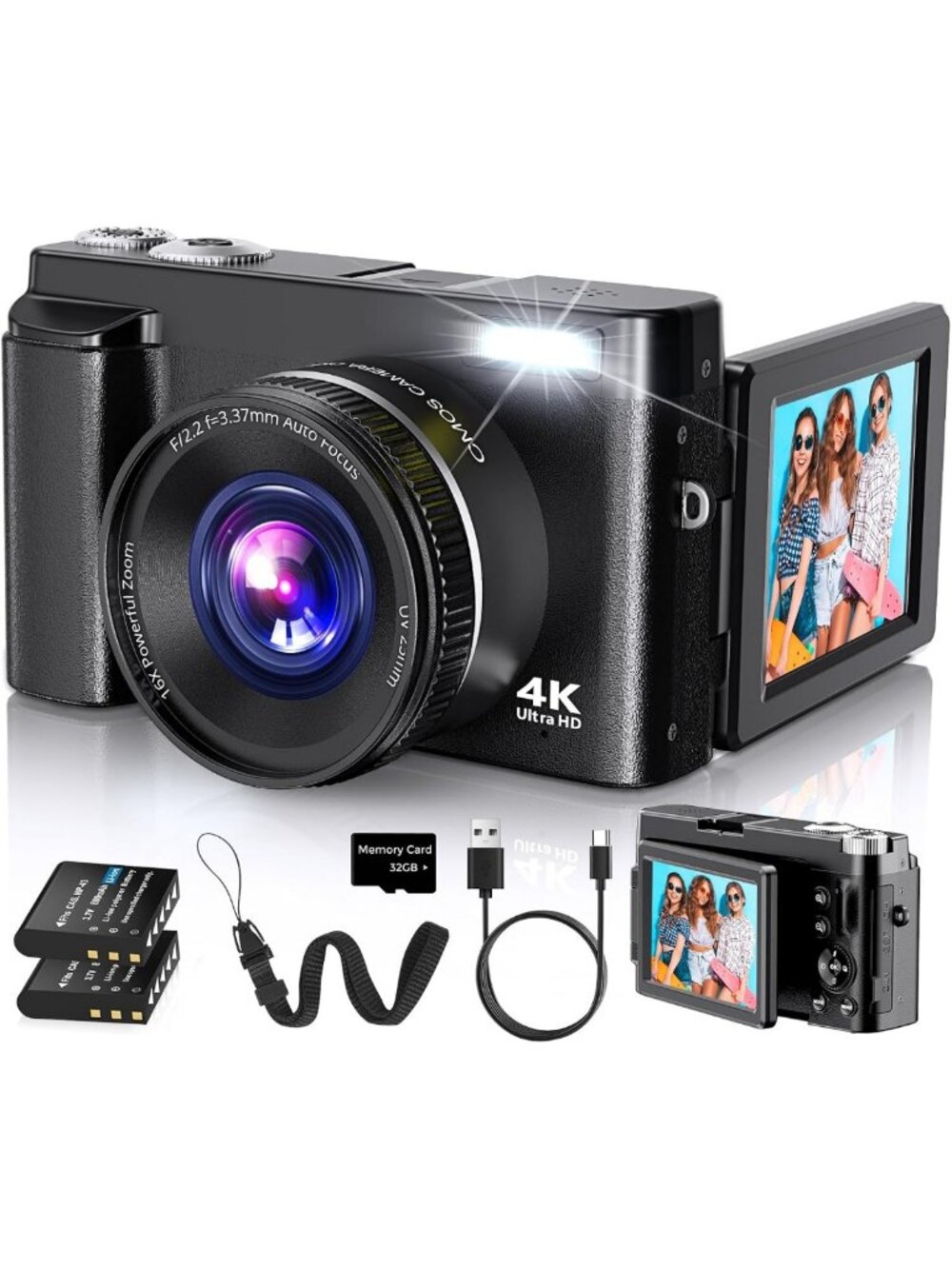 48MP 4K Digital Camera for Vlogging & Photography, 180° Flip Screen, Compact